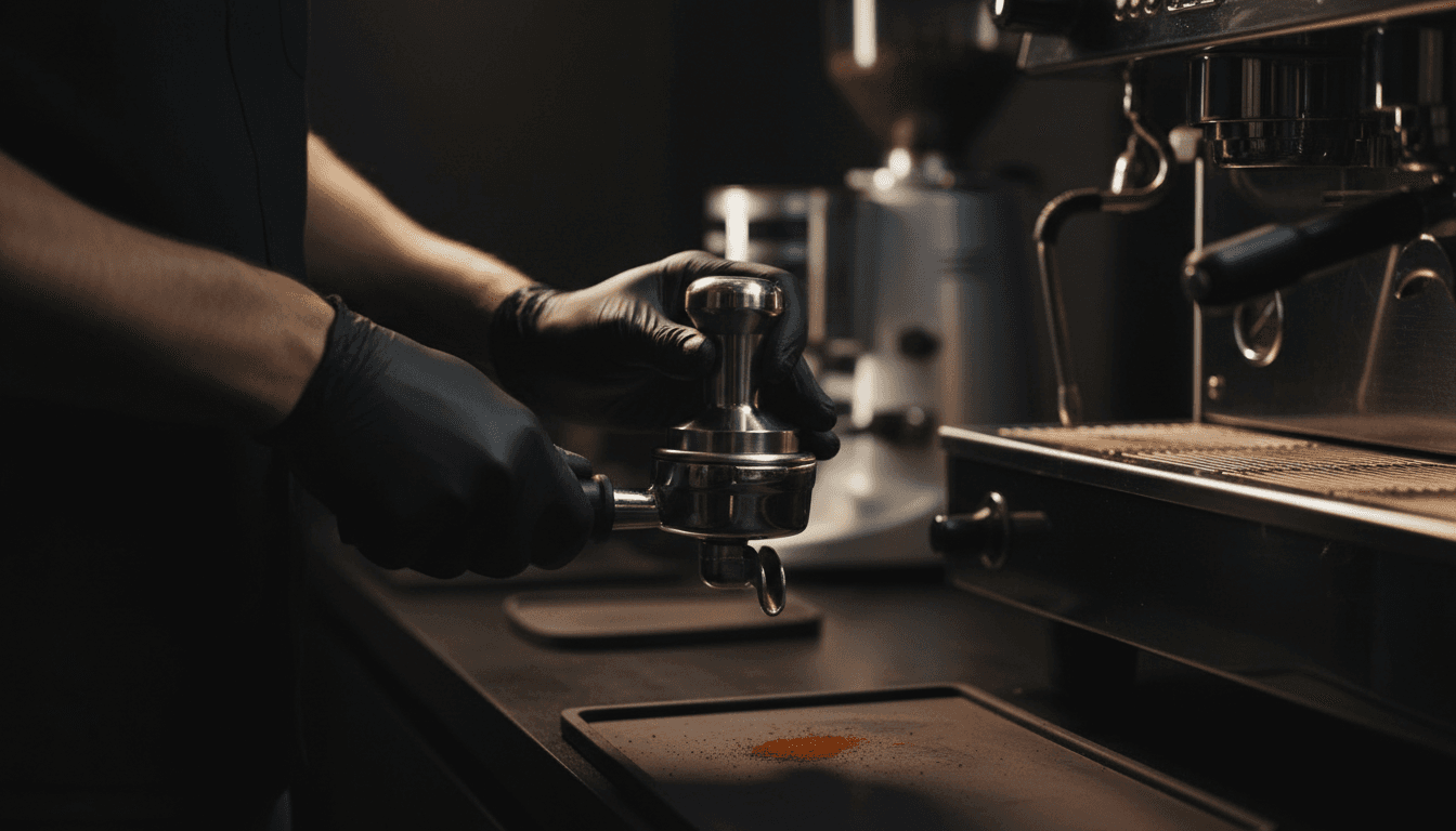 Barista tamping espresso grounds with precise technique