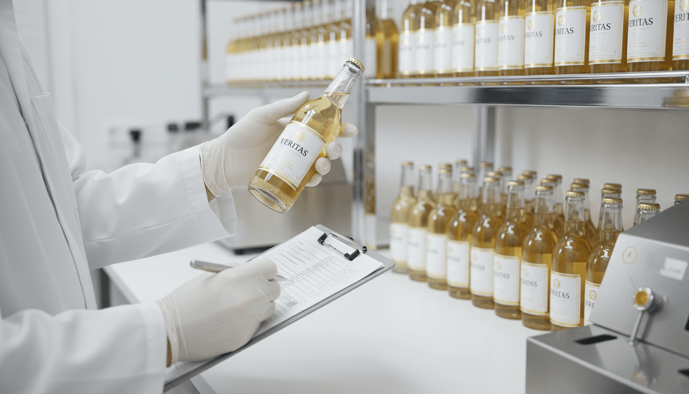 Quality assurance testing of finished beverage bottles with documentation