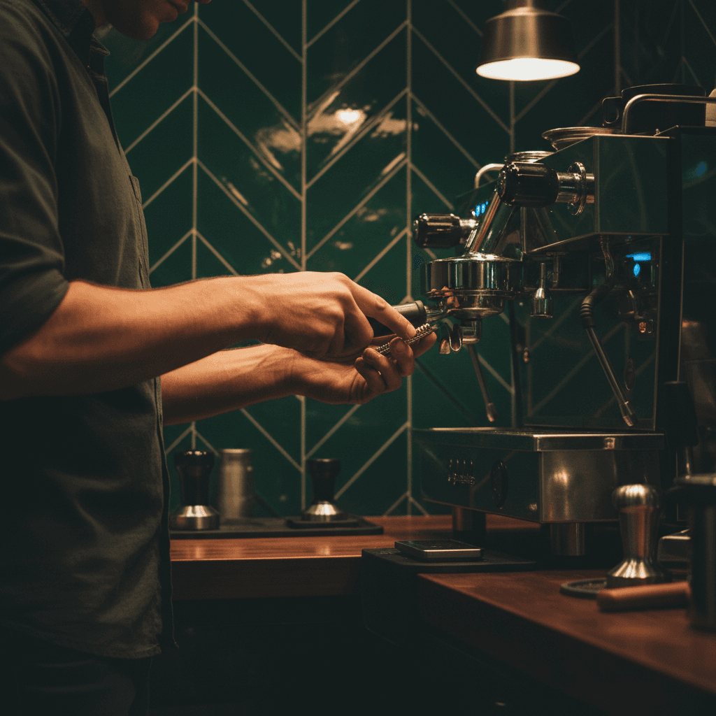 Barista adjusting espresso machine settings at professional coffee bar