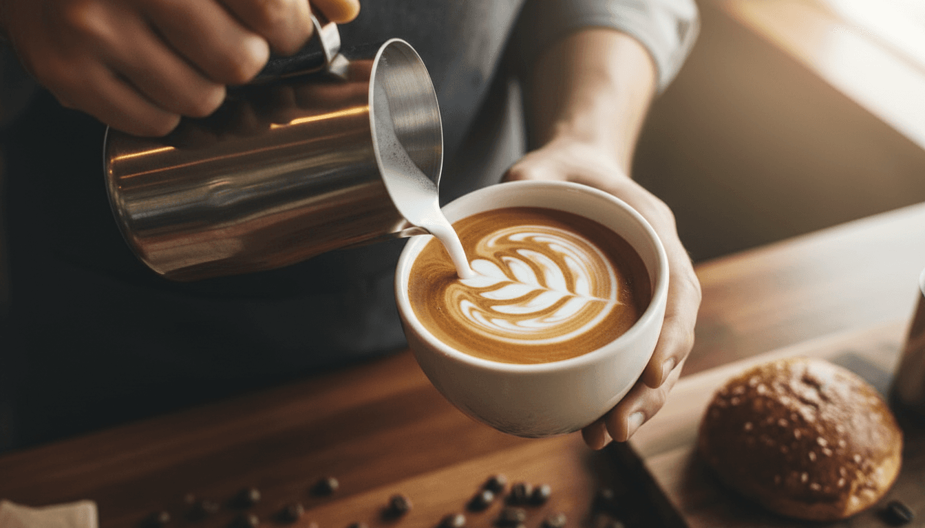Latte art being poured with precision