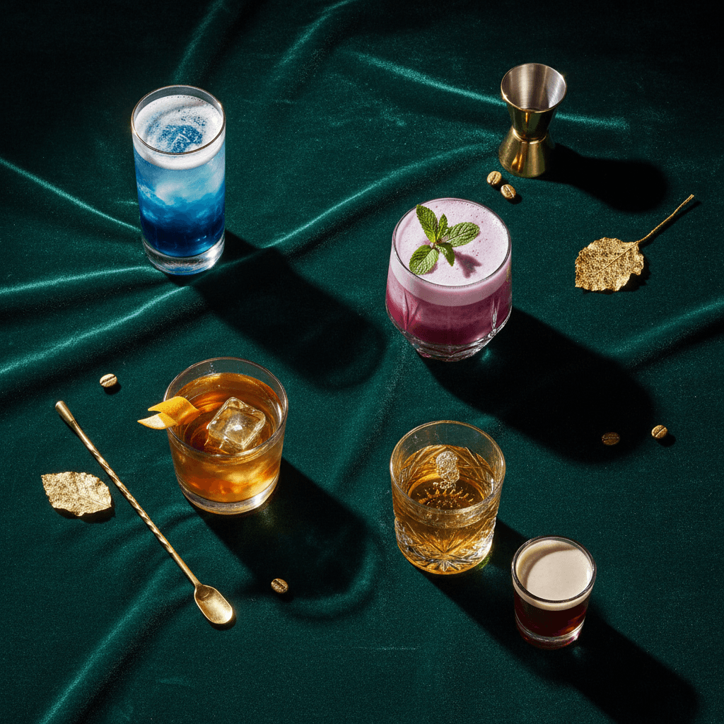 Curated collection of specialty beverages arranged on emerald surface with premium glassware