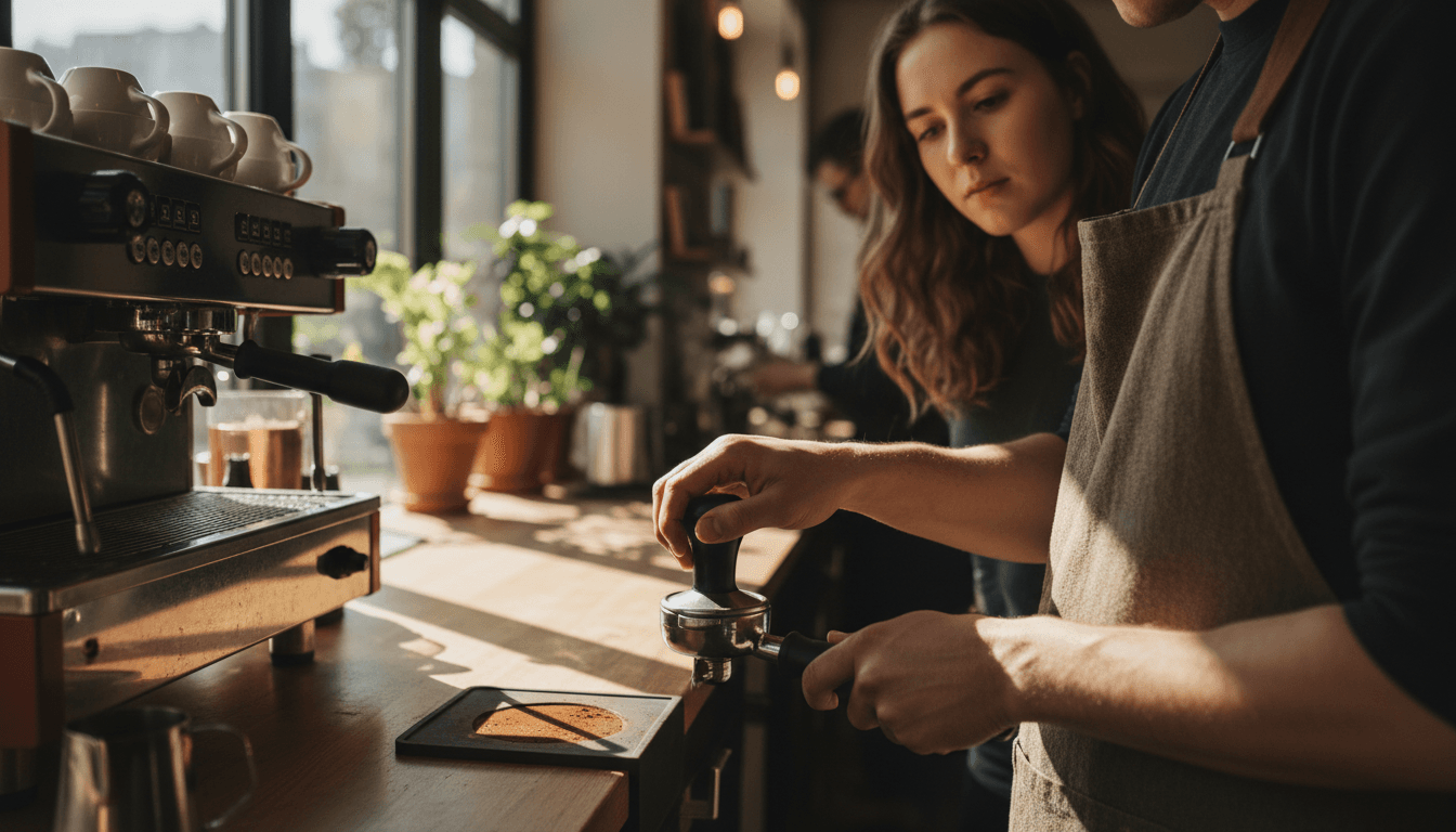 Barista instructor demonstrating espresso technique