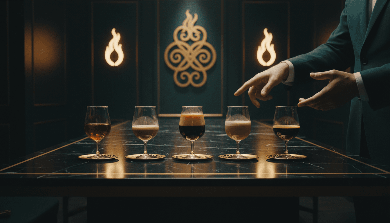Professional beverage tasting setup with elegant glassware and warm gold lighting