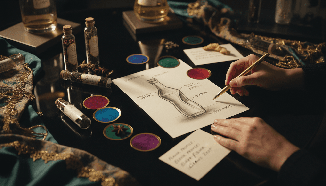 Beverage concept sketches and ingredient samples on designer workspace