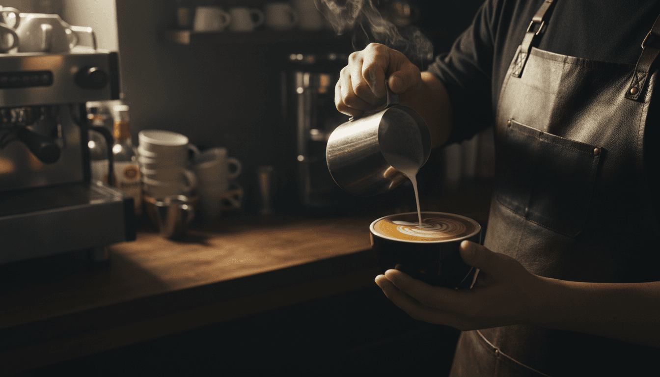Barista creating latte art with precise milk pouring technique