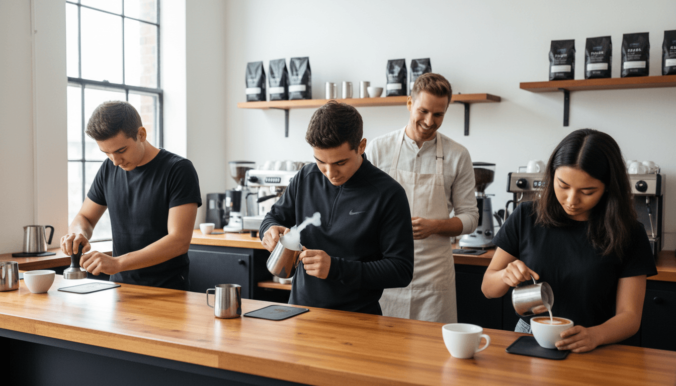 Students practicing multiple barista techniques simultaneously