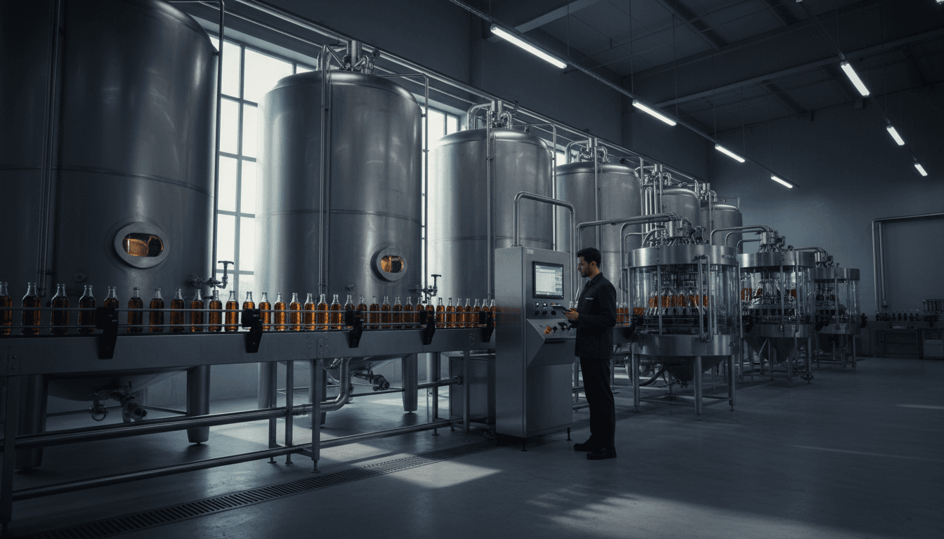 Commercial beverage production facility with industrial equipment and monitoring