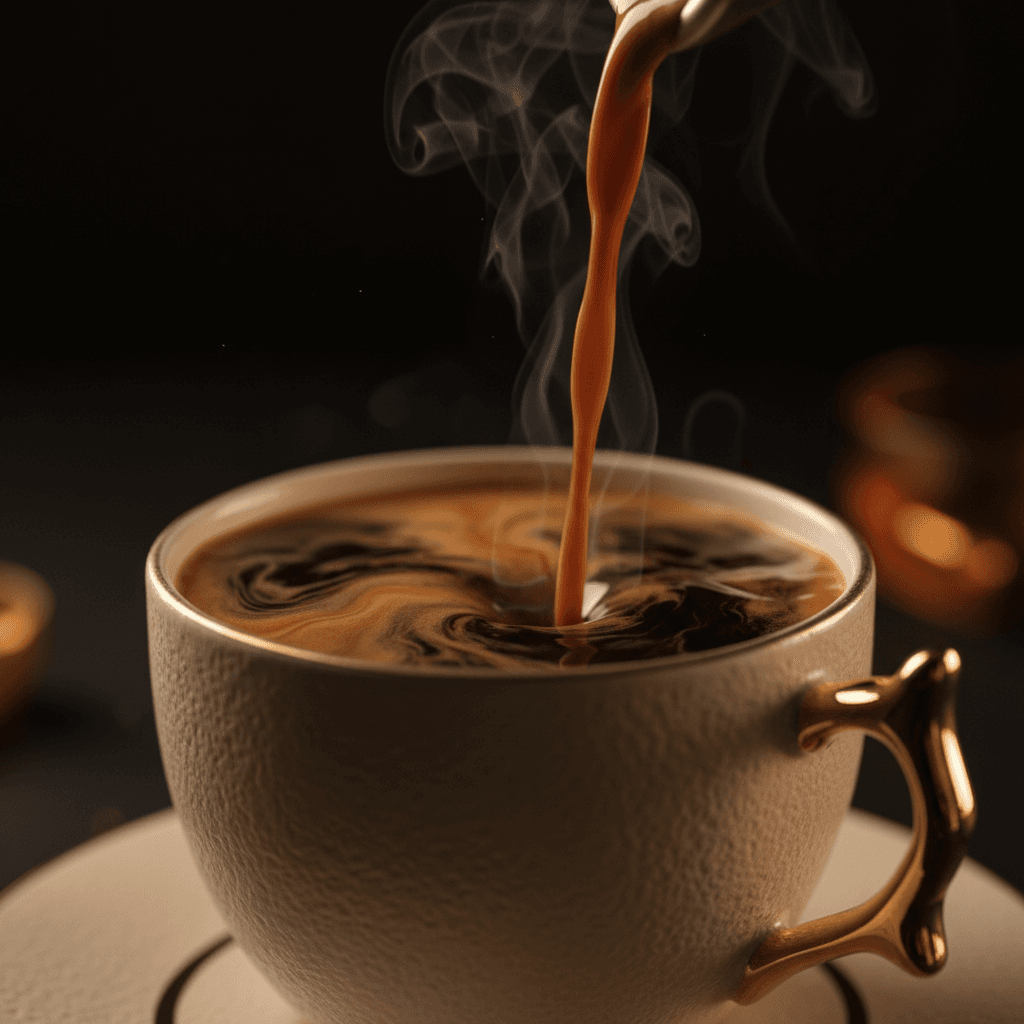 Specialty coffee being carefully poured into ceramic cup with golden lighting